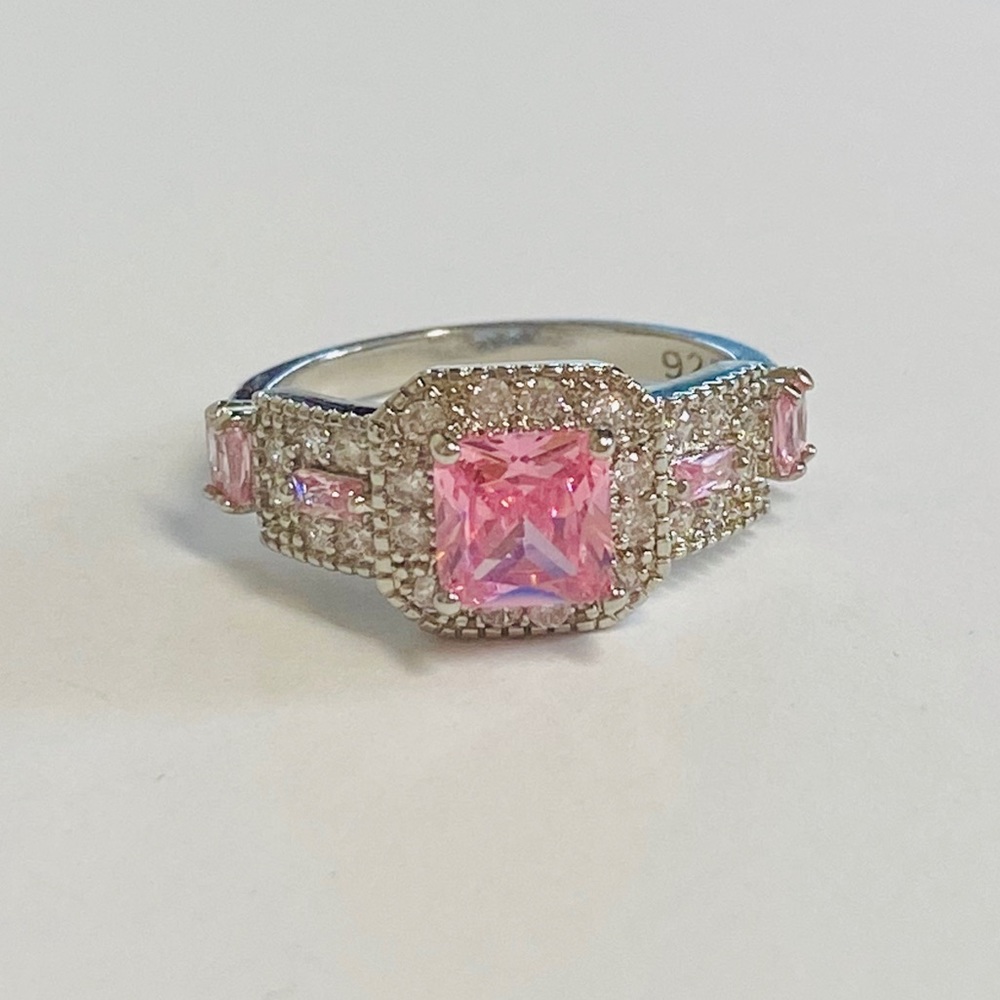 925 Sterling Silver Pink Emerald Cut CZ Ring